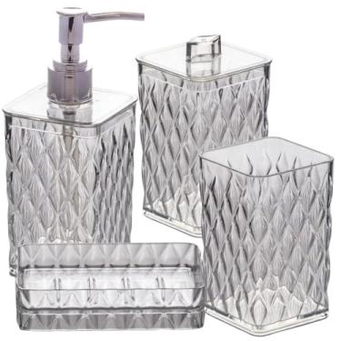 Imagem de Kit pia de banheiro 4 peças Acrílico Incolor: Porta Cotonete/Algodão, Porta Escovas/Creme Dental, Porta Sabonete Líquido e Saboneteira Plasutil