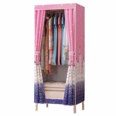 Imagem de Guarda-roupa Armário de guarda-roupa resistente dobrável grosso madeira maciça montado oxford pano único tecido dormitório aluguel pano guarda-roupa armário