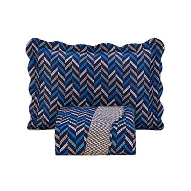 Imagem de Kit Cobre Leito Colcha Solteiro 2 Peças Boutis Estampada Dupla Face Porta Travesseiro Aba Americana (Montreal Azul)