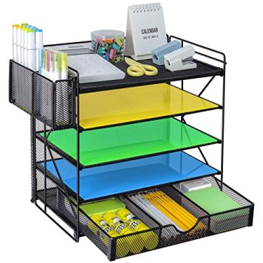 Imagem de GALASALA Organizadores de mesa, organizador de arquivos de mesa de 5 camadas, bandeja organizadora de papel com gaveta, classificador de papel para material de escritório escolar, acessórios de mesa,