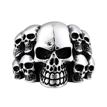 Imagem de SINLEO Novo anel masculino de aço inoxidável com cabeça de caveira punk esqueleto motociclista pulseira vintage prata preta joia, Metal, Sem pedra preciosa