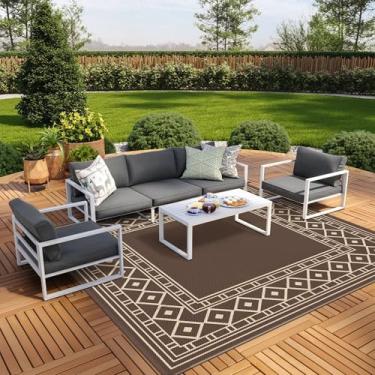 Imagem de Tapete externo impermeável da GENIMO para decoração de pátio, 3 x 3 m, tapete de plástico reversível dobrável, tapete de área externa para trailer, deck, piquenique, varanda, praia, café e bege