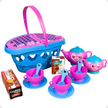Imagem de KIT Chazinho Cestinha Compras Piquenique C/Xicaras Pratinho Bule Comidinha Brinquedo Infantil Menina 14pcs