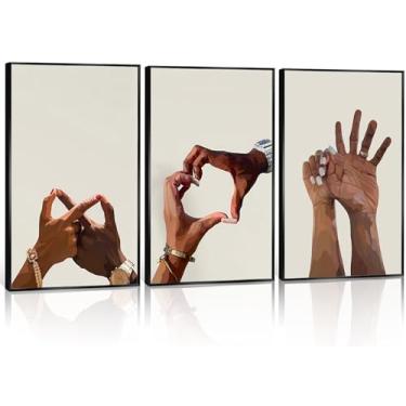 Imagem de 3 peças de arte de parede de casal preto de mãos dadas coração amor decoração de parede afro mulheres homens impressões de pôster em tela para sala de estar quarto banheiro decorações sem moldura