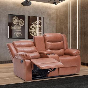 Imagem de Sofá Reclinável Sala de Cinema 2 Lugares Massagem Aquecimento Hollywood Manual Porta Copos Baú Central PU Caramelo G94 - Gran Belo