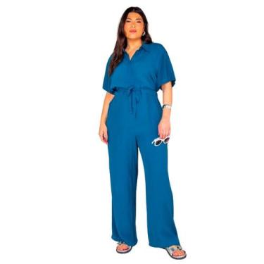 Imagem de Macacão Plus Size Longo Liso Feminino Elástico na Cintura Colarinho e 