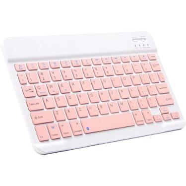 Imagem de Teclado Bluetooth ultrafino portátil mini teclado sem fio recarregável para Apple iPad, iPhone, Samsung, tablet, smartphone, smartphone, iOS, Android, Windows (azul de 10 polegadas) (ROSA)