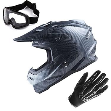 Imagem de 1Storm Capacete adulto de motocross BMX MX ATV Dirt Bike capacete de fibra de carbono preto + óculos + conjunto de luvas pretas esqueleto