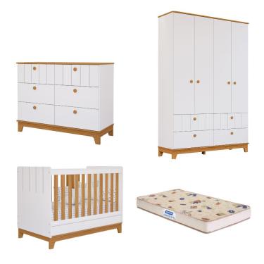 Imagem de Quarto de Bebê Completo com Guarda Roupa Cômoda Berço e Colchão Liza Permobili - Branco/Nature