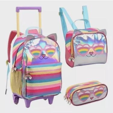 Imagem de Kit Mochila Rodinha Infantil Juvenil Menina Escolar Gatinha