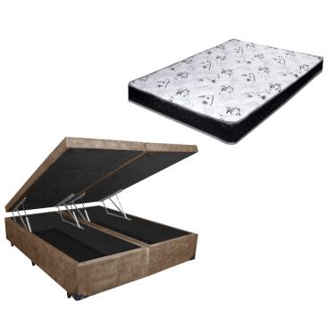 Imagem de Cama Box Baú Queen Bi-Partido Green Bege Suede + Colchão Espuma D28 138x188x17