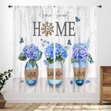 Imagem de Cortinas rústicas de cozinha, quinta, botânica, flores azuis, country, retrô, madeira, vintage, pequena, curta, café, cortinas de janela, tratamento para quarto, sala de estar, banheiro, 2 painéis,