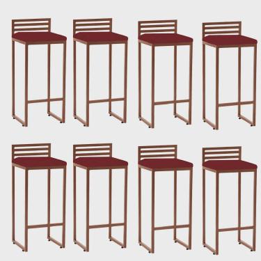 Imagem de Kit 08 Banqueta Alta Com Encosto Núria Balcão Bar Cozinha Bistrô Ferro Bronze Suede Vermelho - Ahz Móveis