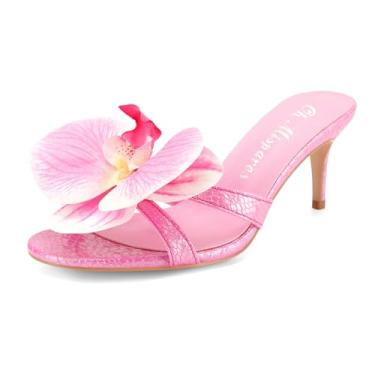 Imagem de Oh Mispares Sandálias femininas de salto alto orquídea floral, bico redondo, aberto, com tiras, salto alto, mules, 6 cm, para festa de formatura de casamento, Rosa choque, 42