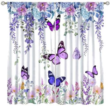 Imagem de Cortina blackout borboleta, primavera roxo floral folhas de lavanda cortinas de tratamento de janela para sala de estar, cozinha, café, quarto, sala de jantar, escritório, decoração, 107 x 114 cm
