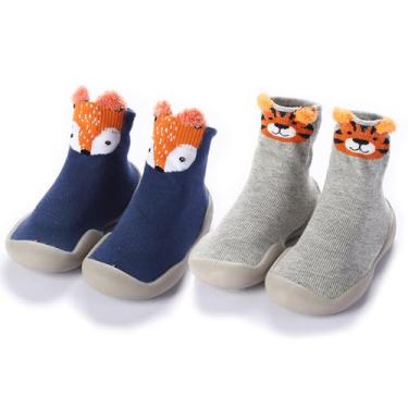 Imagem de FABRST 2 Pares De Sapatinhos De Meia Para Bebês, Pantufas Antiderrapantes De Sola De Borracha Macia Para Primeiros Passos Para Meninos E Meninas (Cinza, Azul, Animal, 12 A 18 Meses)