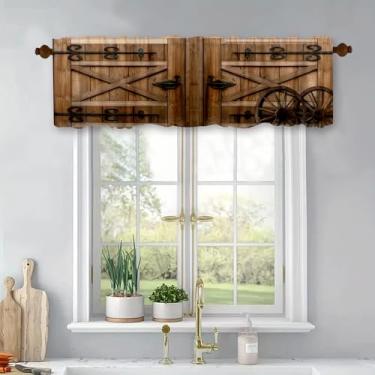 Imagem de Cortina de cozinha rústica sanefa antiga porta de celeiro tábua de madeira cortinas para quarto, banheiro, sala de estar, cozinha, estilo ocidental, cortinas curtas pequenas 137 x 45 cm