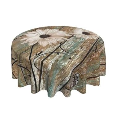 Imagem de Sorktse Toalha de mesa rústica, margarida, redonda, vintage, floral em tábua de madeira, girassol, casa de fazenda, primavera, verão, para cozinha, festa, jantar, piquenique, decoração interna e