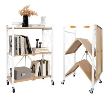 Imagem de Prateleira dobrável de 3 níveis com rodas, prateleiras dobráveis de aço metálico, estante dobrável sem montagem, prateleiras de armazenamento dobráveis portáteis, rack utilitário para cozinha