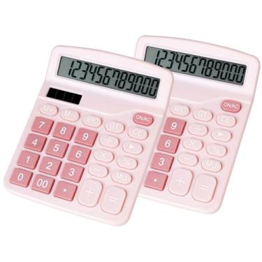 Imagem de DANRONG Linda calculadora de mesa rosa com botões grandes, fonte de alimentação dupla, solar e bateria, visor LCD grande, pacote com 2 calculadoras de mesa - perfeita para professores de escritório