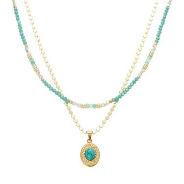 Imagem de Colares de pedras preciosas Boho em camadas, colar de contas verdes para mulheres, gargantilha de pedra natural com pingente de turquesa dourada, joia boêmia feita à mão, Banhado a ouro, Sem Pedra