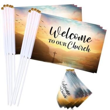 Imagem de Outus 50 peças de bandeiras de boas-vindas à nossa igreja a granel 14 x 21 cm pequenas bandeiras de boas-vindas à mão em varas para decorações de igreja escolar, presentes religiosos cristãos