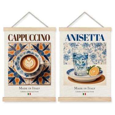 Imagem de Yomisex Pôster de arte de parede de anisetta de cappuccino italiano, bebidas italianas tradicionais em azulejos maiólica, arte de parede emoldurada para decoração de cozinha, café e bar de vinho, 30,5