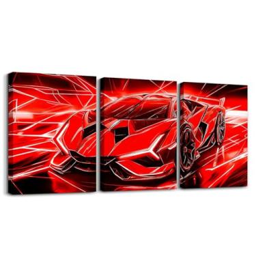 Imagem de Feelyou Arte de parede de carro de corrida vermelho infantil arte de parede de carro esportivo rápido para sala de estar quarto corrida carro de corrida pintura de parede pôsteres meninos meninas