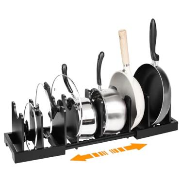 Imagem de MinBoo Organizador expansível de bambu para tampa de panela, organizador de panelas e frigideiras, divisórias ajustáveis para organizadores de armários de cozinha e armazenamento, preto, grande