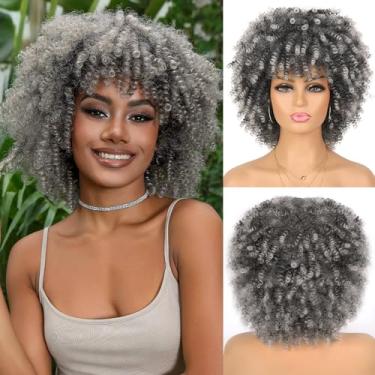 Imagem de Looxey Peruca Afro Para Mulheres Negras, Macia E Sintética, Cacheada, Crespa, Sem Cola, Curta, Ombré, Cinza, Misturada, Branca, Com Franja, Festa Diária