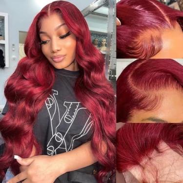 Imagem de Sterly 22" 99J Borgonha Lace Front Wigs Cabelo Humano Densidade 250% 13X6 Body Wave Frontal Pré-Selecionado Sem Cola Peruca Vermelha Para Mulheres