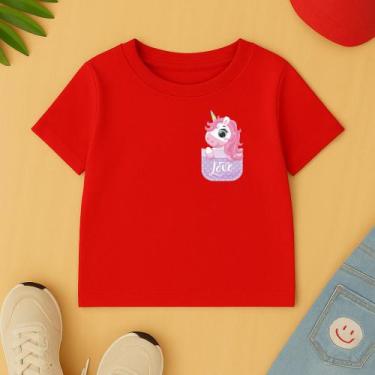 Imagem de Camiseta Infantil Feminina Estamp Unicornio No Bolsinho Fofo Elegante 