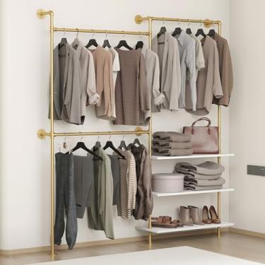 Imagem de DABILONGC Suporte industrial para roupas de parede, resistente, sistema de cabide de roupas para guarda-roupa/armário (dourado, 3 camadas)