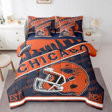 Imagem de Erosebridal Conjunto de edredom com lençóis, 7 peças, futebol americano, clássico, capacete, para crianças, adolescentes e meninos, ilustração de silhueta de cidade, tamanho casal (Chicago)