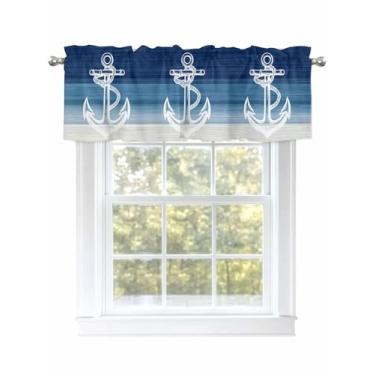 Imagem de Cortina de janela azul marinho gradiente âncora cortinas de cozinha sanefa bolso para varão tratamento de janela oceano náutico cortinas curtas para cozinha, banheiro, sala de estar, 1 painel, 137 x