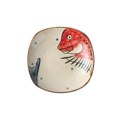Imagem de Prato de sopa redondo requintado criativo de cerâmica pintada à mão japonesa - prato quadrado de 20 cm - cabeça de peixe vermelha