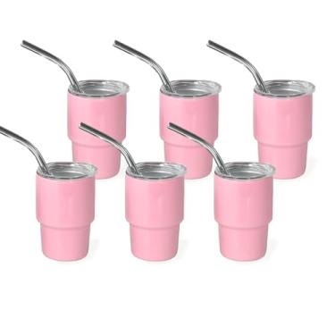 Imagem de Conjunto de mini copos de shot de 85 g, com canudo e tampa de sublimação dupla de aço inoxidável, mini canecas de café isoladas para bares, uísque, chá (6 peças - rosa)