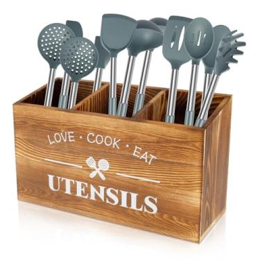Imagem de bigjvbfv Porta-utensílios, 3 compartimentos, organizador grande de utensílios, suporte de talheres resistente, suporte de utensílios de cozinha de madeira para bancada (café)