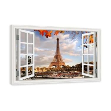 Imagem de Janela de arte de parede com impressão em tela. Visualização de janela falsa. Impressão de imagem natural em tela. Arte de cenário para decoração de sala de estar. (Vista da Torre Eiffel de Paris 13