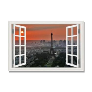 Imagem de NHLDZYH Janela de arte de parede com impressão em tela. Vista de janela falsa. Impressão de imagem natural em tela. Arte de cenário para decoração de sala de estar. (Vista da Torre Eiffel de Paris 27
