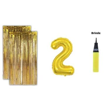 Imagem de Kit 2 Cortinas Metalizadas Balão Número+Bomba de Ar-Dourado - Partiufe