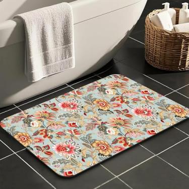 Imagem de Identiy Tapete de banheiro, tapete de banho floral indiano boêmio colorido para banheira, antiderrapante, macio, absorvente, lavável na máquina, secagem rápida, tapete de banheiro para banheira e