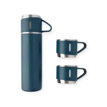 Imagem de Conjunto Garrafa Térmica 500ml com 3 Canecas Inox | Ideal para Café, Chá, Bebidas Quentes e Frias | Portátil, Resistente e Elegante – Cor Azul