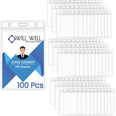 Imagem de 100 peças de porta-crachá de identificação extragrosso, porta-cartões de PVC transparente vertical com zíper à prova d'água (tamanho interno de 2,6 × 3,17 cm)