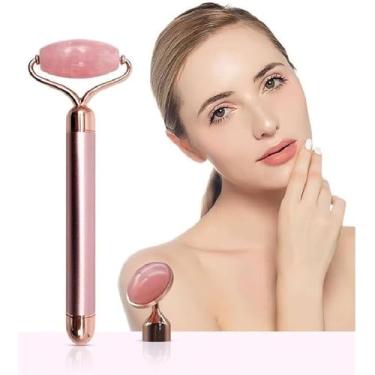 Imagem de Massageador Facial Roller Vibratório com Pedra de Quartzo Rosa – Rolo Profissional com 2 Cabeças (Facial e Área dos Olhos) – Reduz Rugas, Olheiras, Inchaço, Flacidez e Ativa Colágeno – Portátil e Fácil de Usar