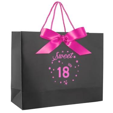 Imagem de Hongplus Bolsa preta com rosa choque para presente de aniversário de 18 anos com alças de saudação e fita para meninas de 18 anos de idade, bolsa de embrulho para lembrancinhas de festa, artigos de