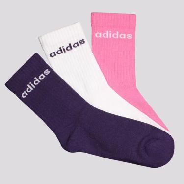 Imagem de Kit Meia Adidas ESS Linear Crew 3 Pares Infantil Roxa Branca e Rosa, 2