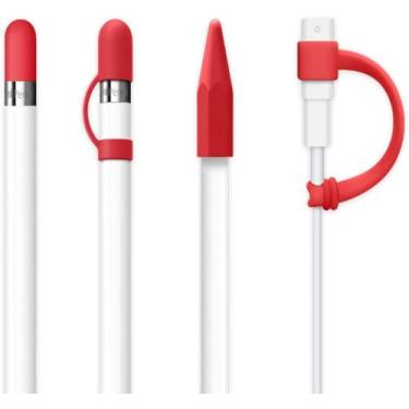 Imagem de siduater [Pacote com 4] Acessórios de proteção de silicone para Apple Pencil 1ª geração, inclui 1 substituição de tampa para Apple Pencil, suporte de tampa, capa de ponta, cabo adaptador, vermelho