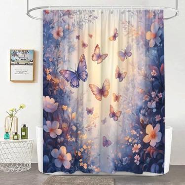 Imagem de JEJOMEAG Cortina de chuveiro roxa fantasia borboleta flores país das maravilhas jardim floral conto de fadas floresta tecido encantado decoração de banheiro cortina com ganchos, 70Lx70H