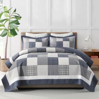 Imagem de KALOOLA Colchas Queen Size – Conjunto de cama acolchoado leve 100% algodão, 3 peças, colcha xadrez estampada chalé com 2 fronhas, cobertor reversível para todas as estações, azul/bege/branco